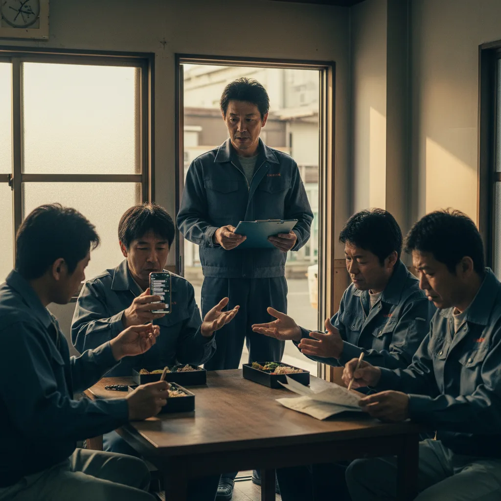 昼休み、職人3人が現場の状況をバラバラに把握している