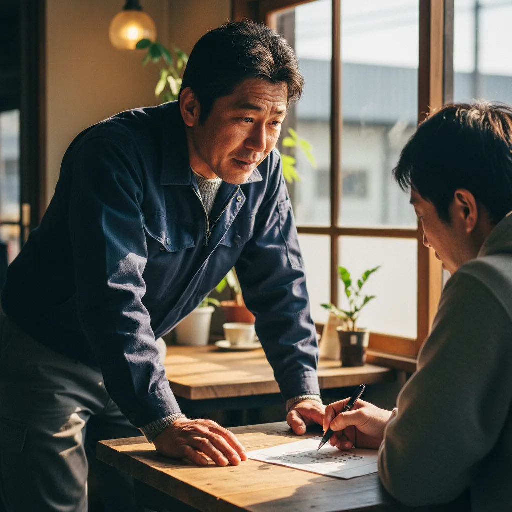 カフェで同業の経営者から自社向け業務アプリの話を聞く