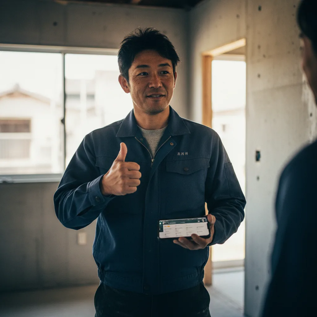 職人さんが現場でスマホアプリから案件情報を確認
