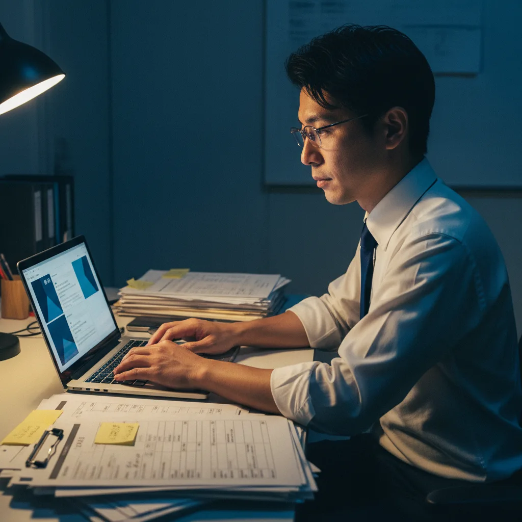 夜、事務所でAskMateChatに過去FAQを学習させる