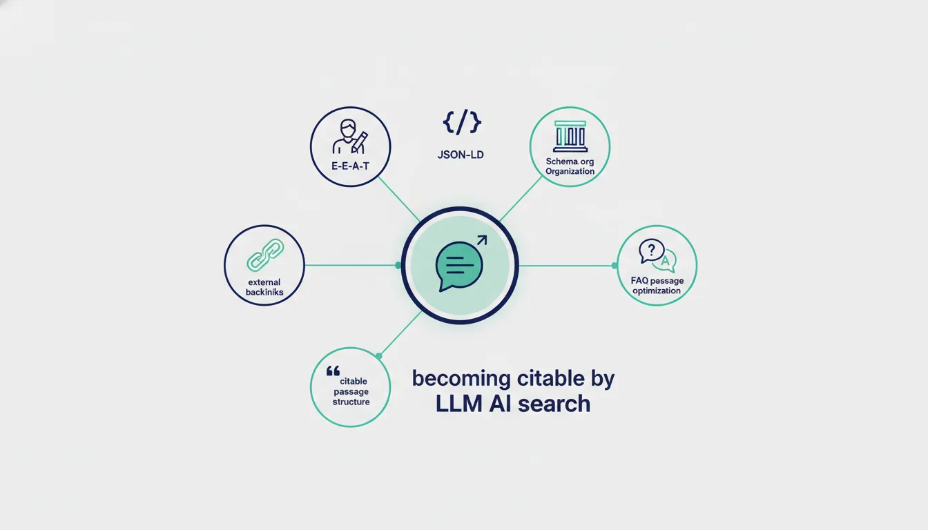 LLMEO 6 施策 (E-E-A-T / JSON-LD / Schema.org / 被リンク / 引用可能パッセージ / FAQ) が AI 検索の引用に繋がる図