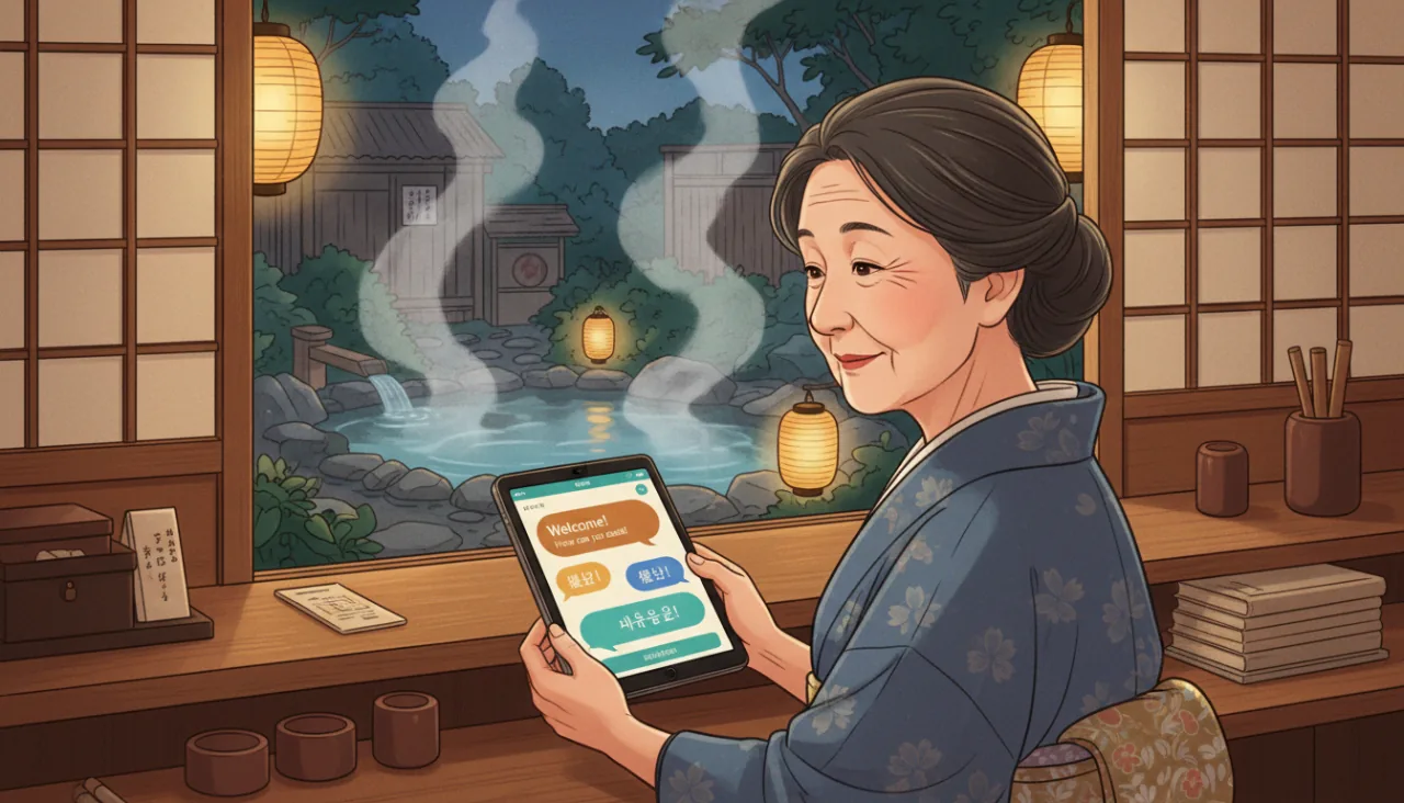 別府の温泉旅館でタブレットの多言語AIチャットを確認する女将