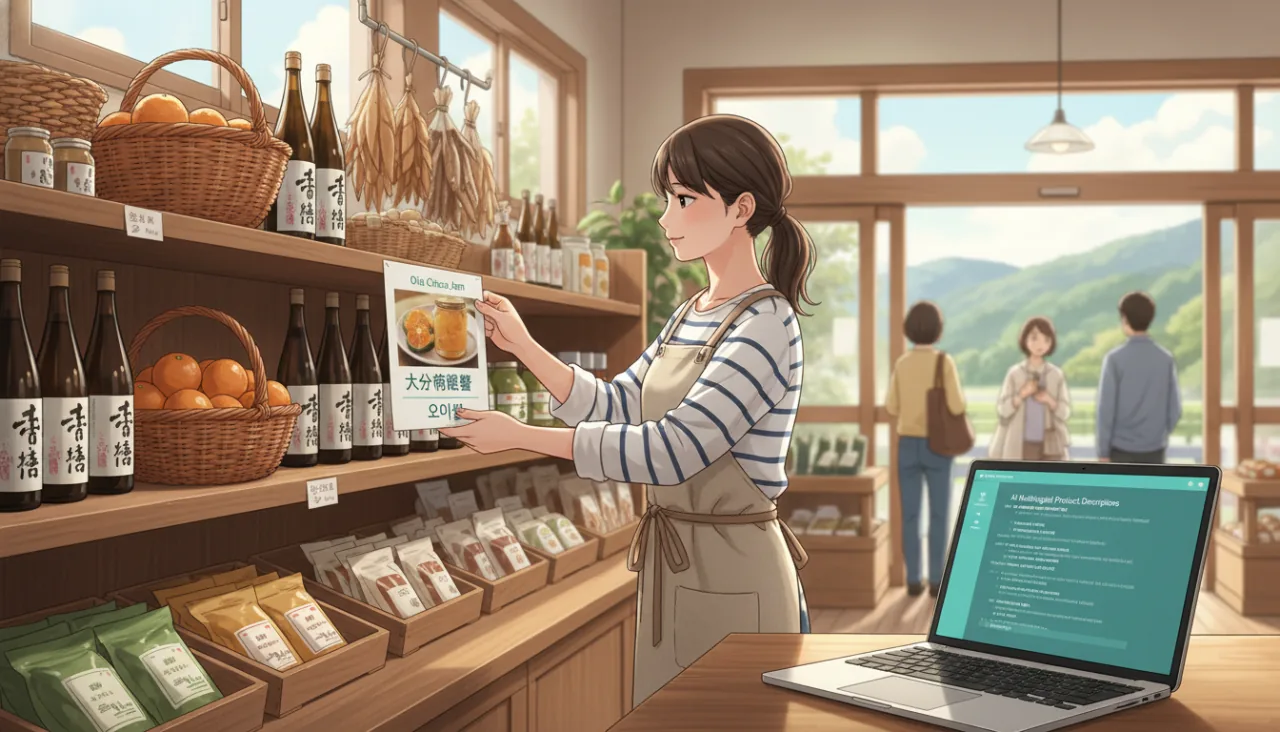 道の駅で多言語POPをセットするスタッフとAI生成中のラップトップ