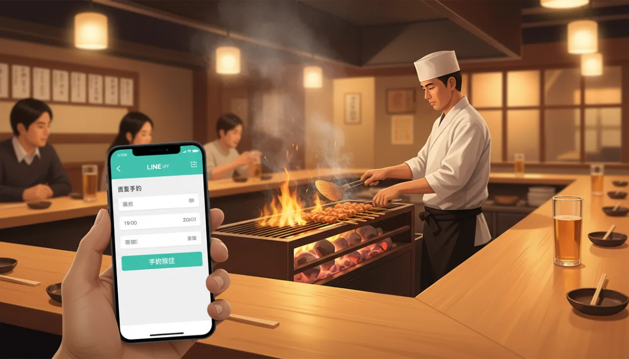 専門焼鳥店のカウンターでLINE LIFFの予約画面を見せるお客様