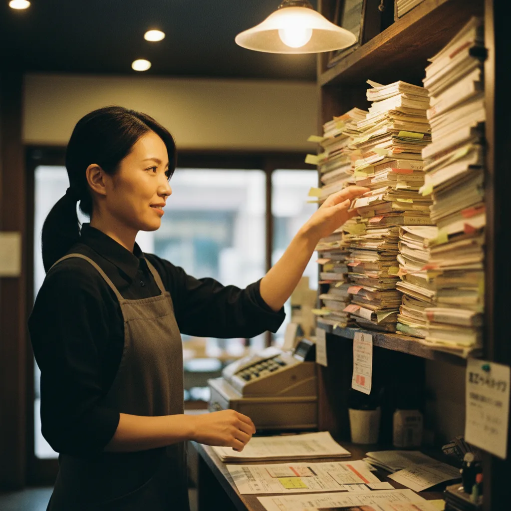 棚に積み上がる手書きの顧客カルテ