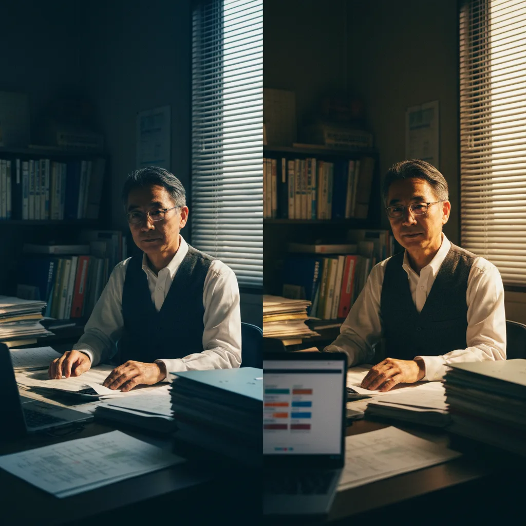 半年後、明るい光の中で落ち着いて元帳をレビュー