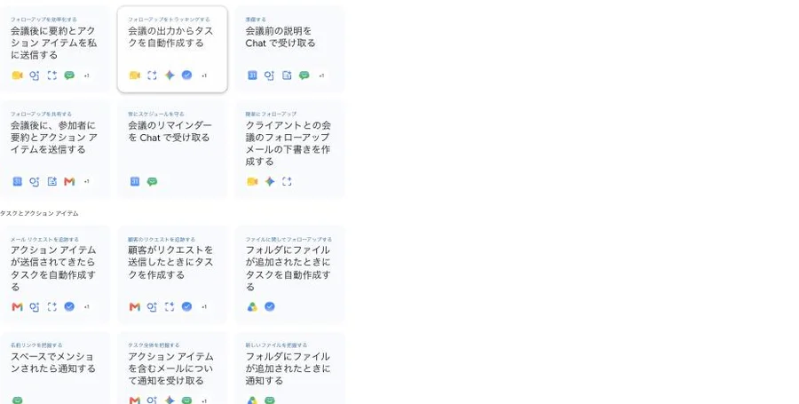 実際のテンプレート一覧（一部）。会議のフォローアップ・タスクの自動作成・顧客リクエストの追跡など、業務別に細かく用意されている