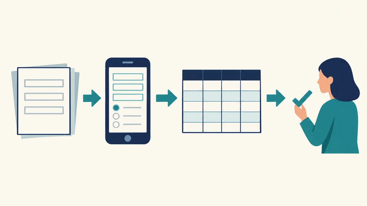 左に積まれた紙の用紙の束があり、矢印でスマートフォンの入力画面につながり、さらに矢印で行と列の表へ、最後に表を確認する人物へとつながる一続きの流れを描いた図。